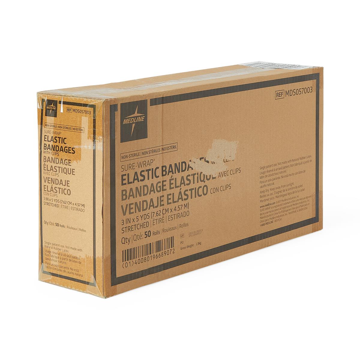 Medline Sure Wrap Elastic Compression Bandage 3 Inch x 5 Yard White Non-Sterile with Clips