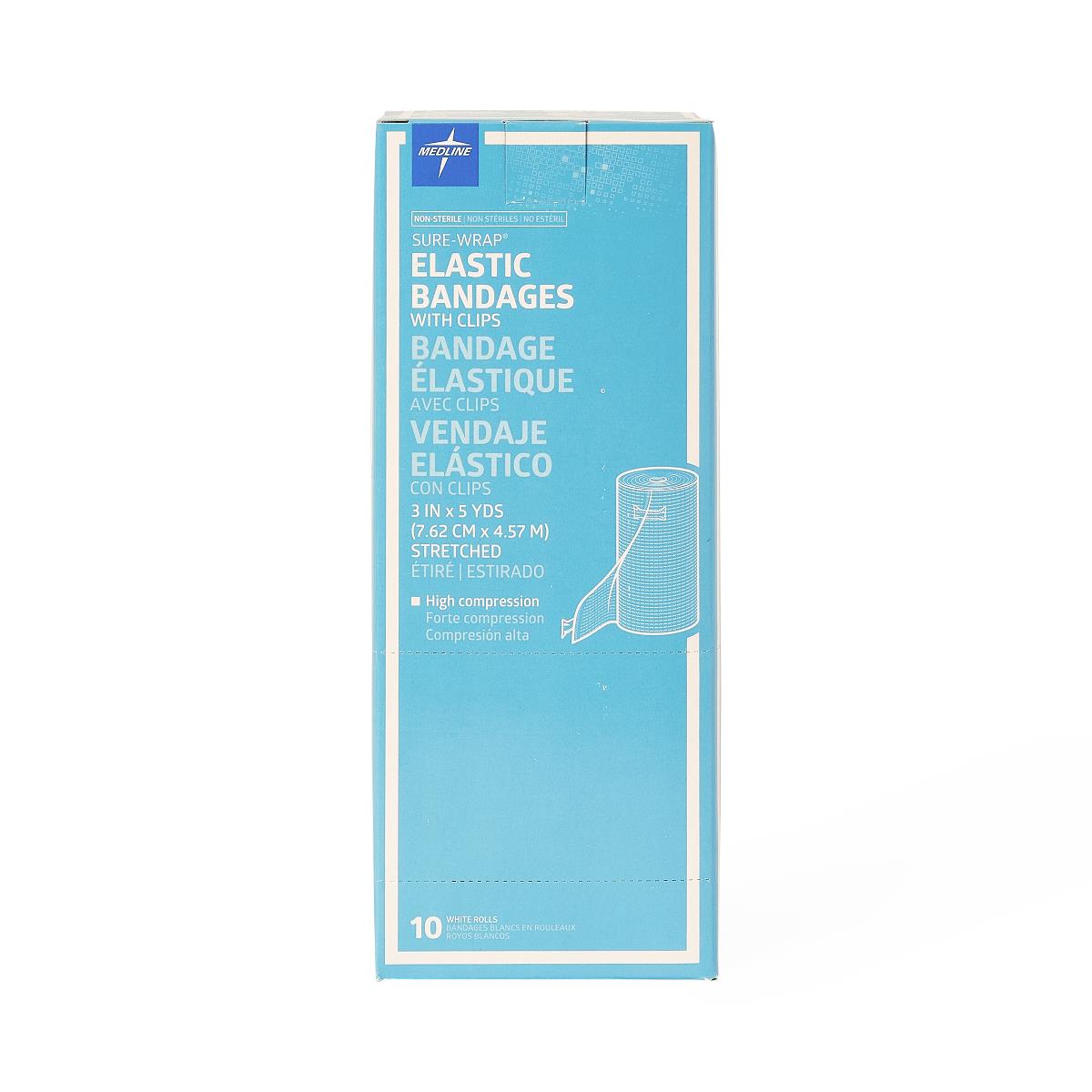 Medline Sure Wrap Elastic Compression Bandage 3 Inch x 5 Yard White Non-Sterile with Clips