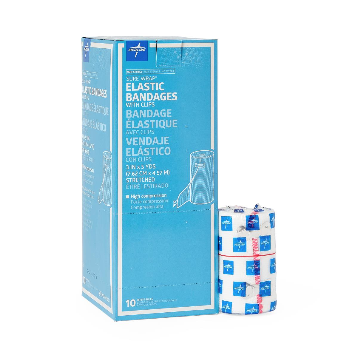 Medline Sure Wrap Elastic Compression Bandage 3 Inch x 5 Yard White Non-Sterile with Clips