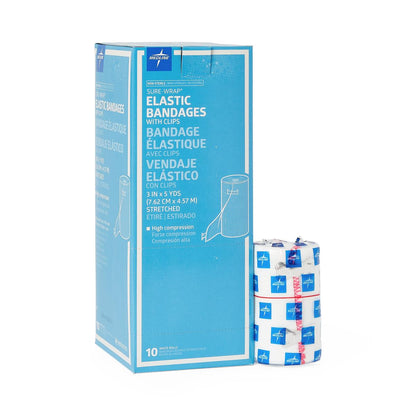 Medline Sure Wrap Elastic Compression Bandage 3 Inch x 5 Yard White Non-Sterile with Clips