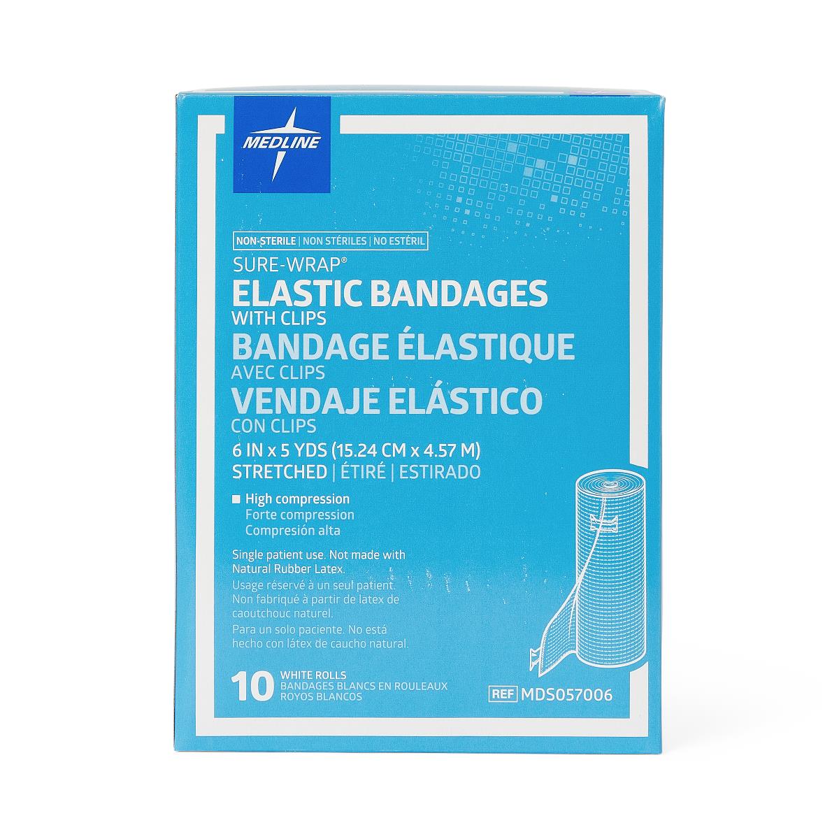 Medline Sure-Wrap Elastic Compression Bandage 6 Inch x 5 Yard White Non-Sterile with Clips