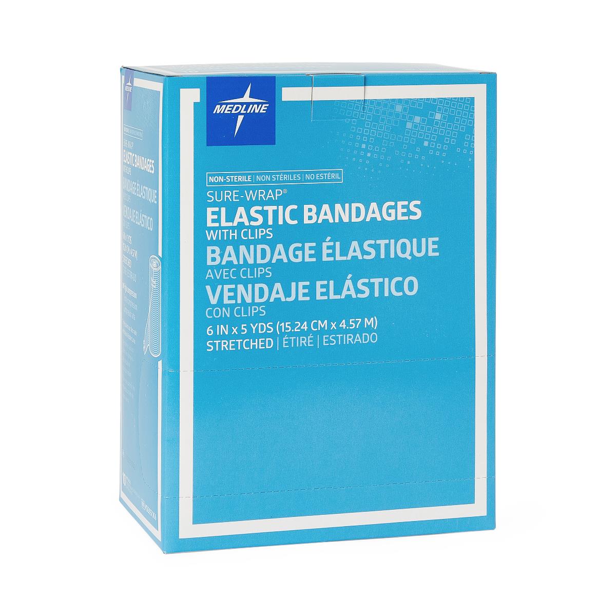 Medline Sure-Wrap Elastic Compression Bandage 6 Inch x 5 Yard White Non-Sterile with Clips