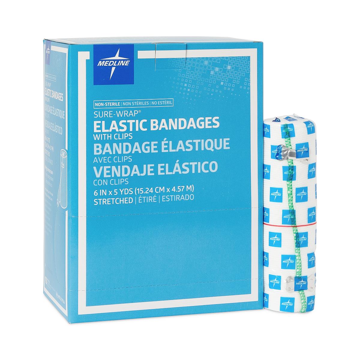 Medline Sure-Wrap Elastic Compression Bandage 6 Inch x 5 Yard White Non-Sterile with Clips
