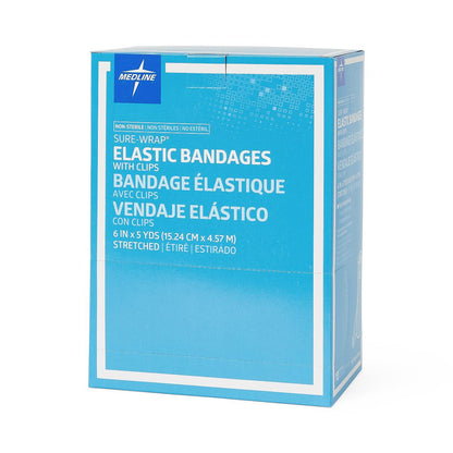 Medline Sure-Wrap Elastic Compression Bandage 6 Inch x 5 Yard White Non-Sterile with Clips