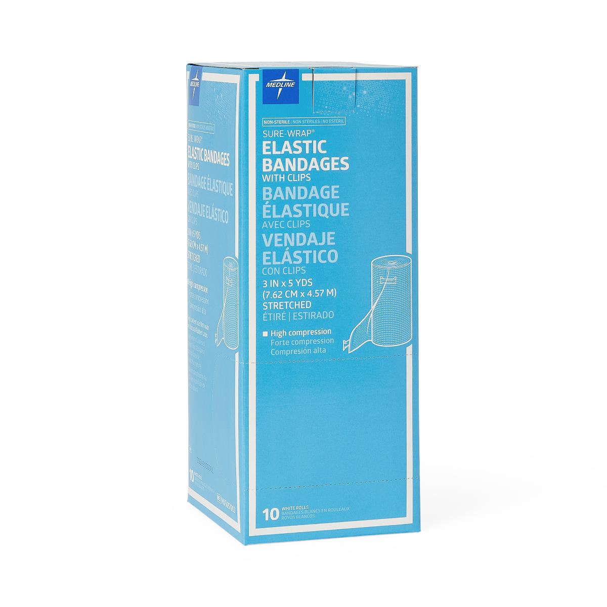 Medline Sure Wrap Elastic Compression Bandage 3 Inch x 5 Yard White Non-Sterile with Clips