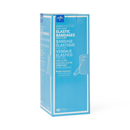 Medline Sure Wrap Elastic Compression Bandage 3 Inch x 5 Yard White Non-Sterile with Clips