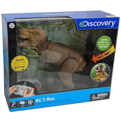 Boxed RC T-Rex dinosaur toy with Discovery branding