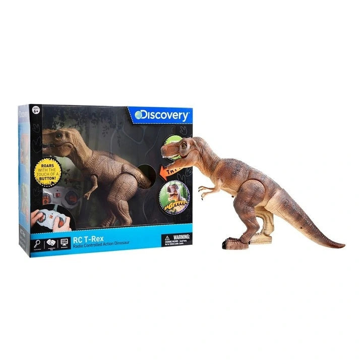 Toy T-Rex dinosaur next to its packaging with Discovery branding on a white background