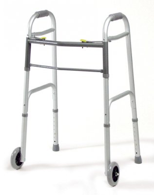 Dual Release Folding Walker with Wheels Adjustable Height Lumex Aluminum Frame 300 lbs. Weight Capacity 29-1/2 to 34-1/2 Inch Height