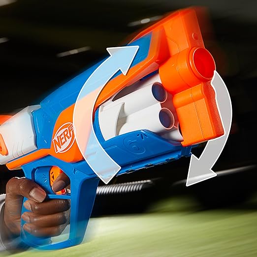 Nerf toy gun held by a hand with a blurred background