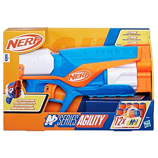 Nerf gun in packaging with orange and blue colors on a white background