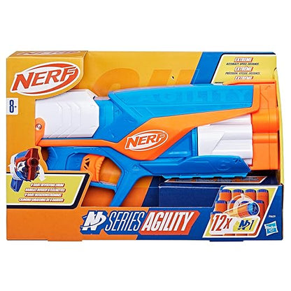 Nerf gun in packaging with orange and blue colors on a white background