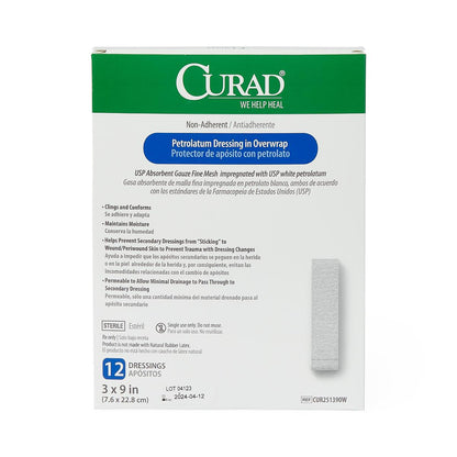 Curad Overwrap Petrolatum Impregnated Dressing 3 x 9 Inch Sterile Rectangle Gauze Dressing