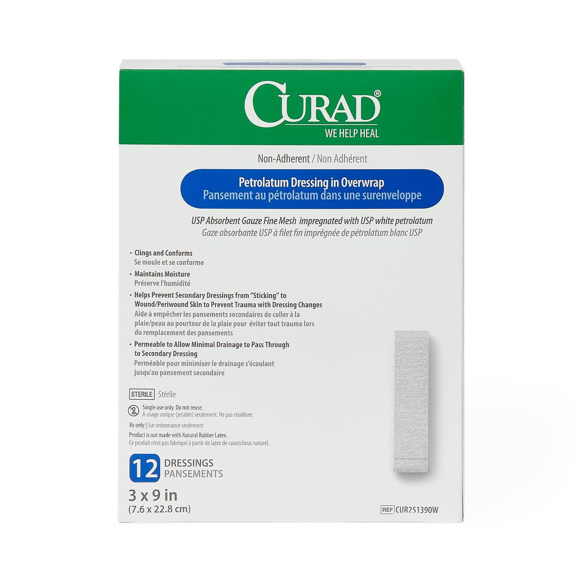 Curad Overwrap Petrolatum Impregnated Dressing 3 x 9 Inch Sterile Rectangle Gauze Dressing