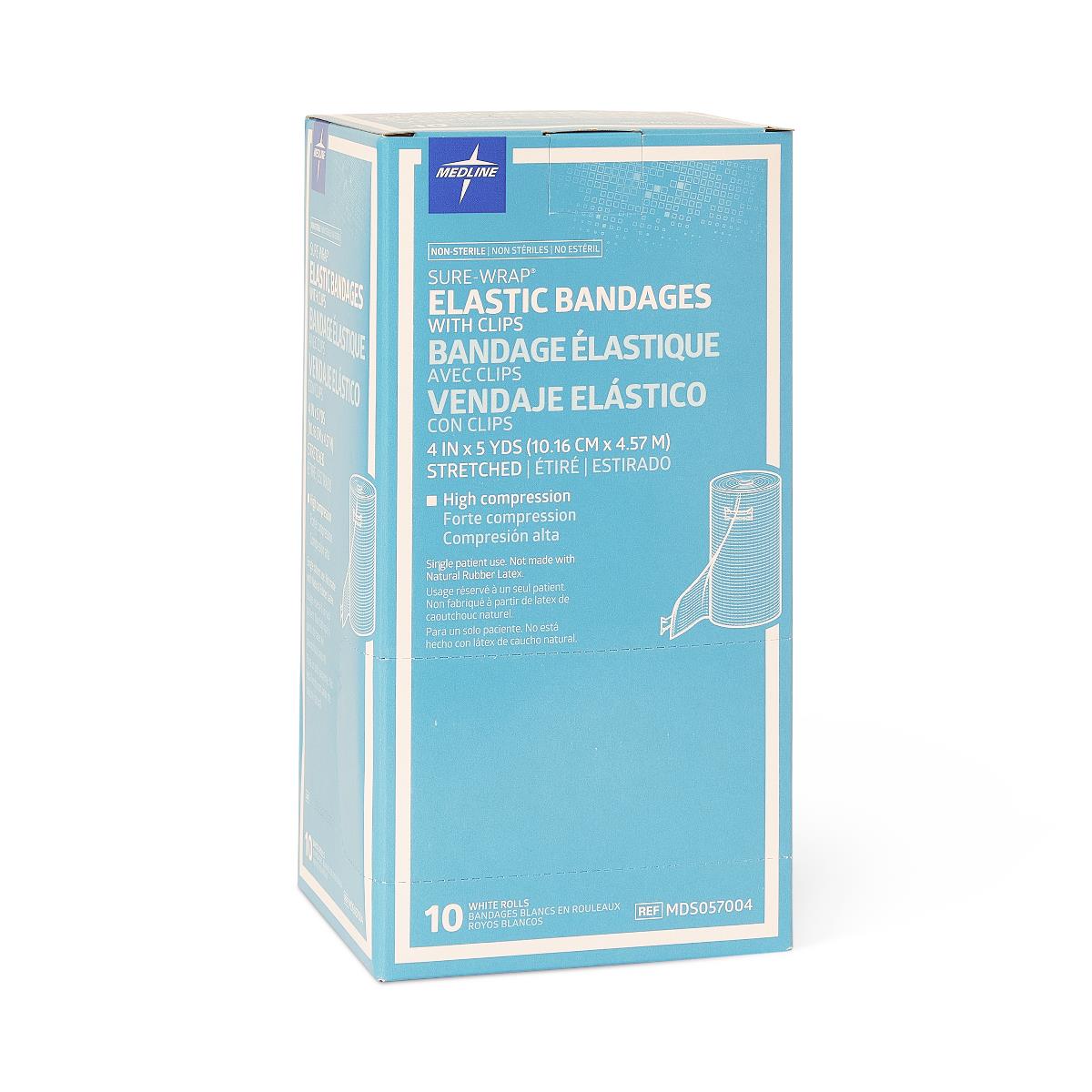 Medline Sure Wrap Elastic Compression Bandage 4 Inch x 5 Yard White Non-Sterile with Clips