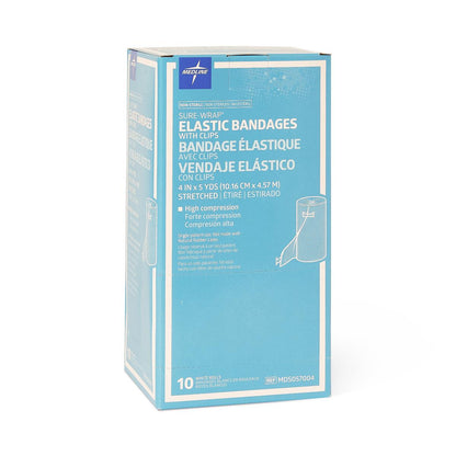 Medline Sure Wrap Elastic Compression Bandage 4 Inch x 5 Yard White Non-Sterile with Clips