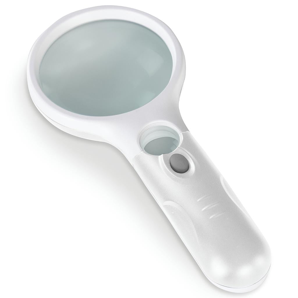 LED magnifying glass with 5x and 10x lenses, made from lightweight, scratch-resistant optical acrylic.