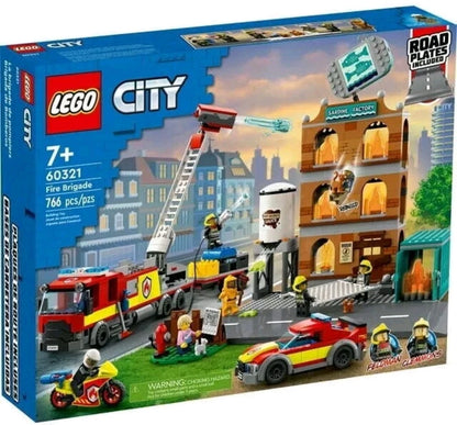LEGO City fire brigade set packaging with fire truck, building, and characters on a city street background.
