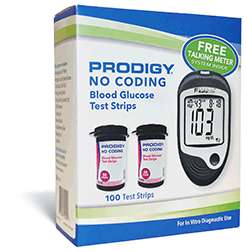 PRODIGY NO CODING VALUE PACK BLOOD GLUCOSE TEST STRIPS 100 CT WITH FREE TALKING METER KIT