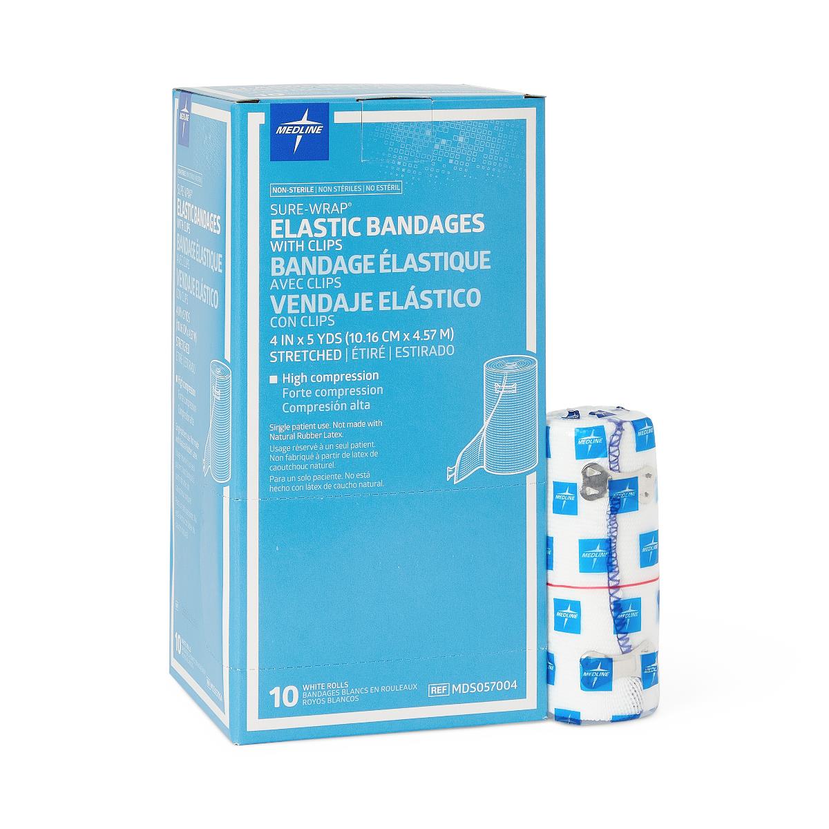 Medline Sure Wrap Elastic Compression Bandage 4 Inch x 5 Yard White Non-Sterile with Clips
