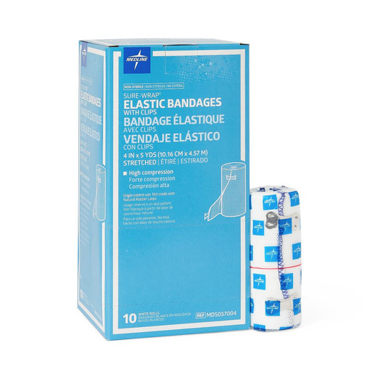 Medline Sure Wrap Elastic Compression Bandage 4 Inch x 5 Yard White Non-Sterile with Clips