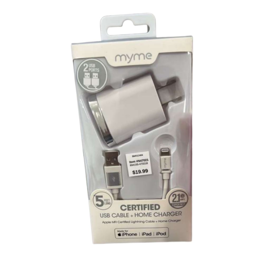 Myme 2-Port USB Home Charger with 5 ft Apple MFi Certified Lightning Cable – 2.1A Fast Charge