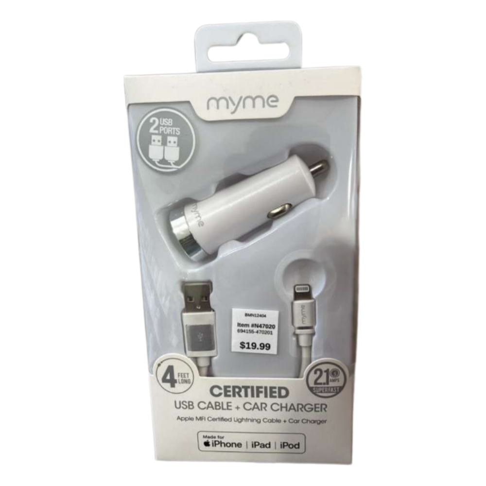Myme 2-Port Car Charger with 4 ft MFi Certified Lightning Cable – 2.1A Fast Charging