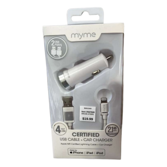 Myme 2-Port Car Charger with 4 ft MFi Certified Lightning Cable – 2.1A Fast Charging
