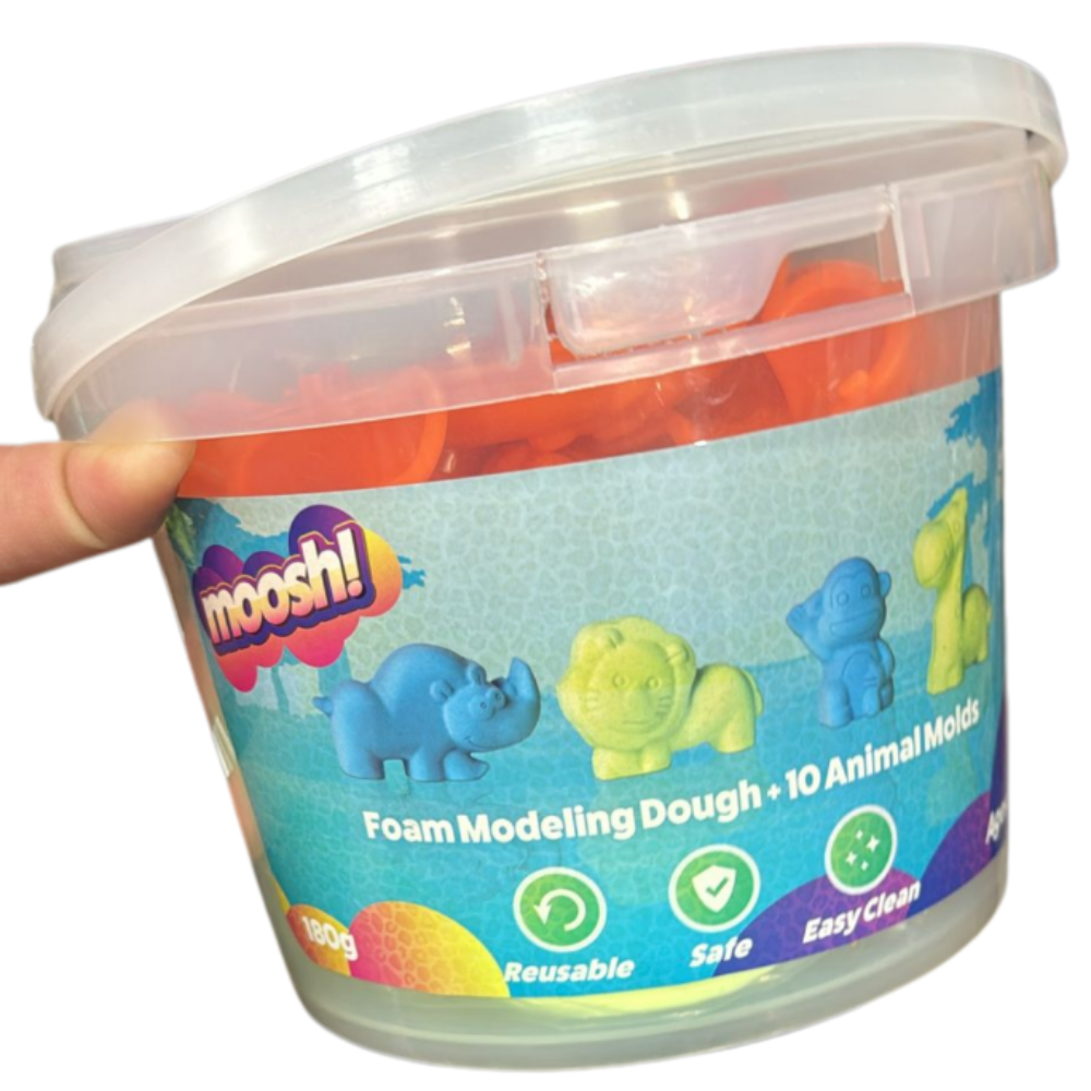 Moosh! Fluffy Modeling Clay – Soft Foam Non-Drying Clay with 10 Animal Molds (Blue/Yellow, 6.4oz)