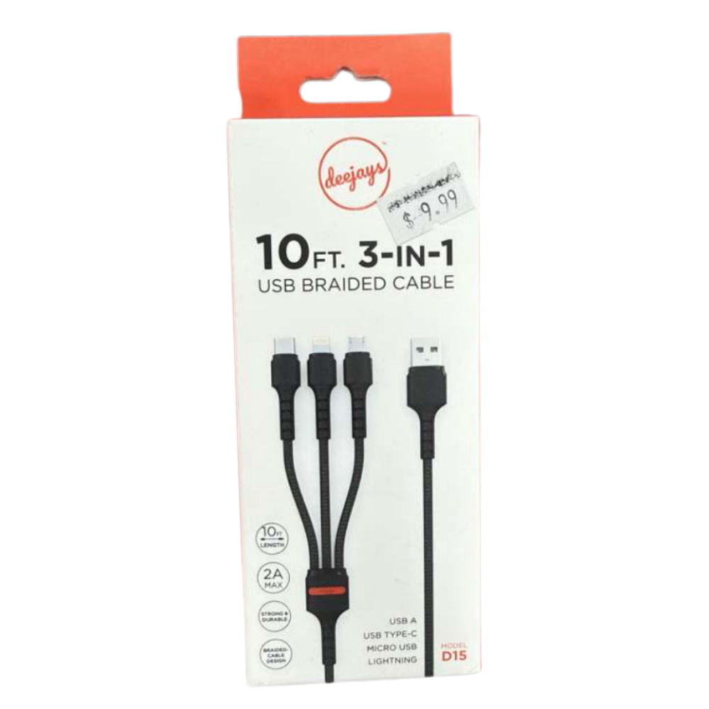 Deejays 10Ft 3-in-1 USB Braided Charging Cable – Model D15