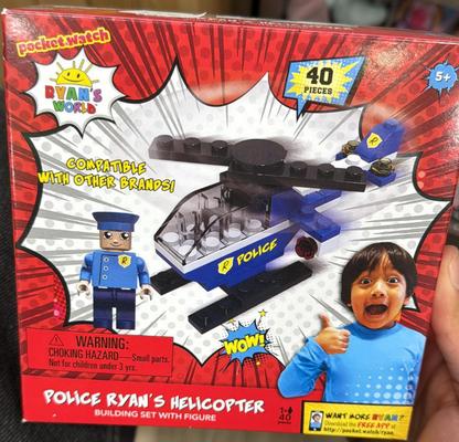 Ryan’s World Police Helicopter Building Set with Figure – 40 Pieces, Ages 5+