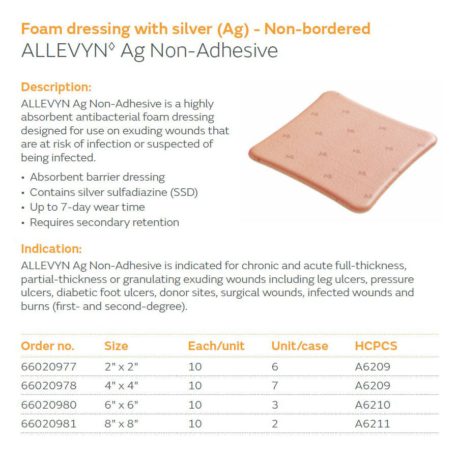 Allevyn AG Silver Foam Dressing 8x8 Inch – Sterile Non-Adhesive Wound Care