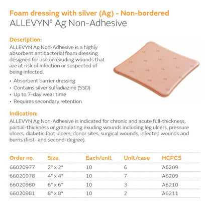 Allevyn AG Silver Foam Dressing 8x8 Inch – Sterile Non-Adhesive Wound Care