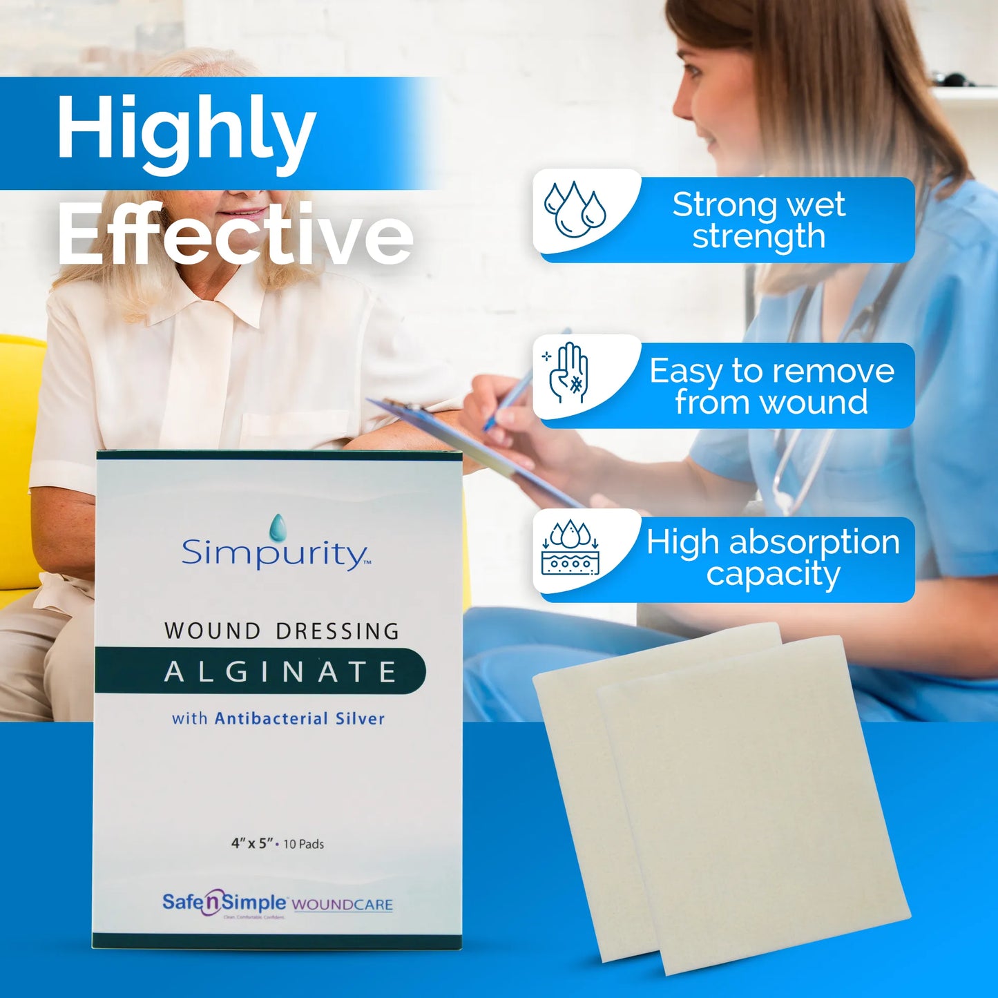 Simpurity Fibergel AG Silver Alginate Dressing 2 x 2 Inch Sterile