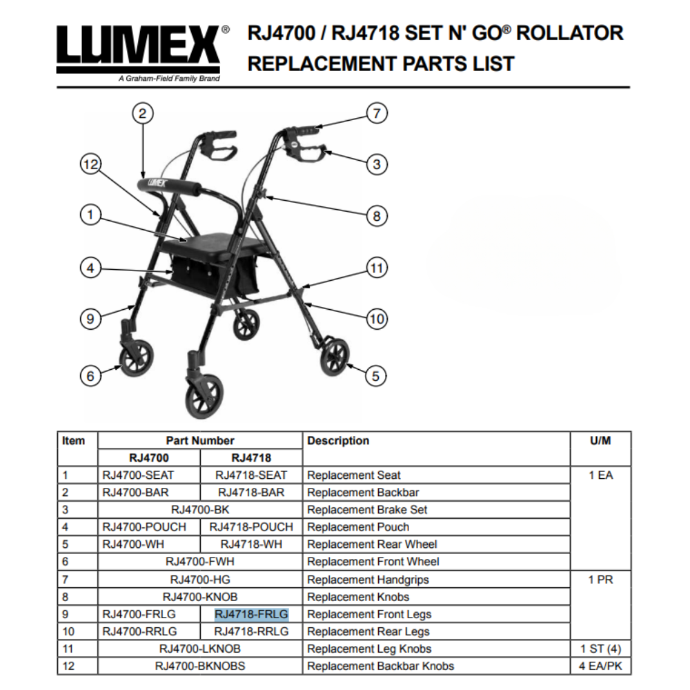 Rollator Front Leg Assembly For RJ4718 Rollator