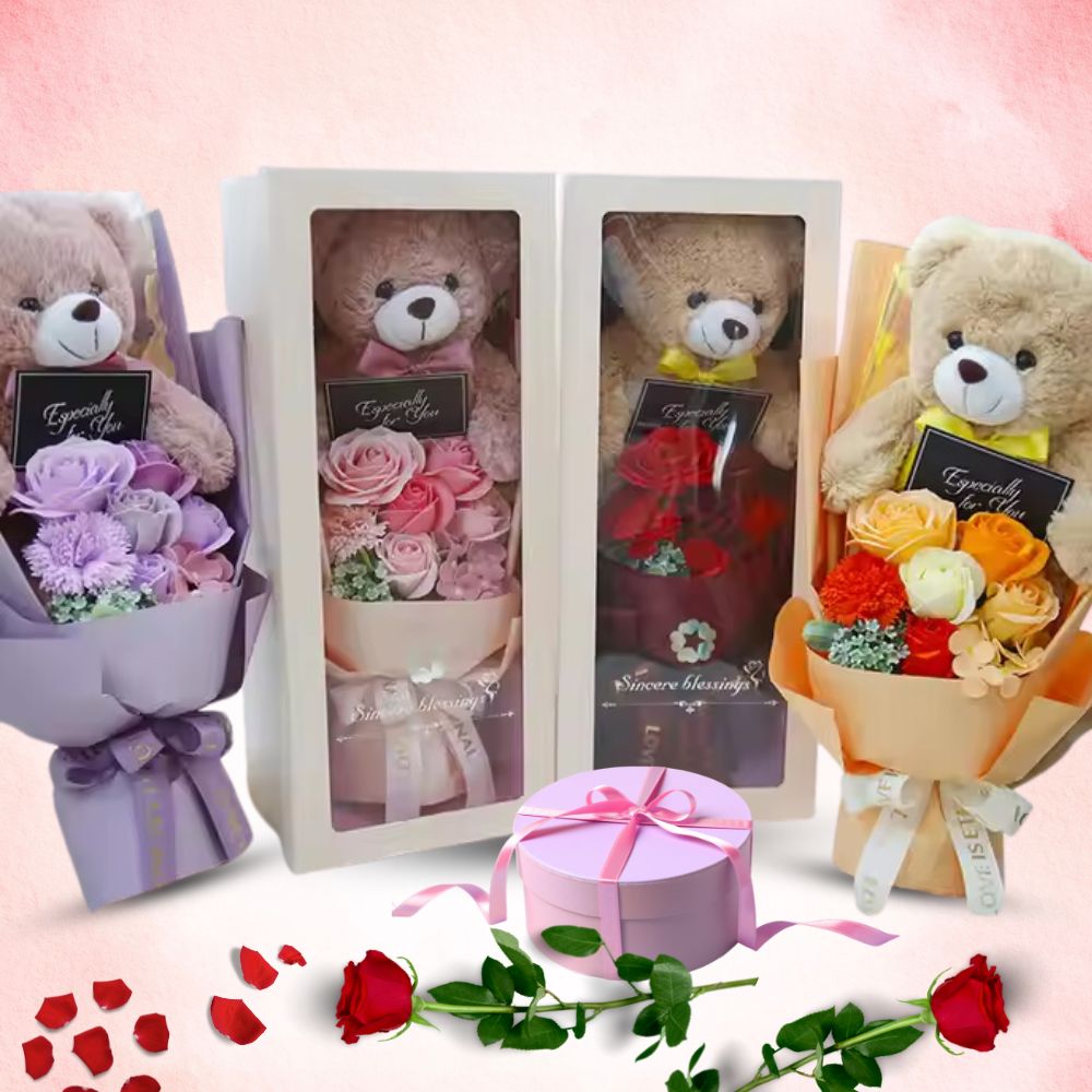 Valentine's Day Gift Set Teddy Bear with Soap Roses in Elegant Gift Box