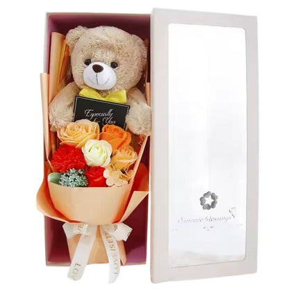 Valentine's Day Gift Set Teddy Bear with Soap Roses in Elegant Gift Box