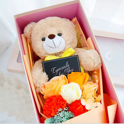 Valentine's Day Gift Set Teddy Bear with Soap Roses in Elegant Gift Box