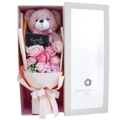 Valentine's Day Gift Set Teddy Bear with Soap Roses in Elegant Gift Box