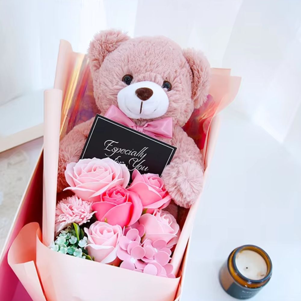 Valentine's Day Gift Set Teddy Bear with Soap Roses in Elegant Gift Box