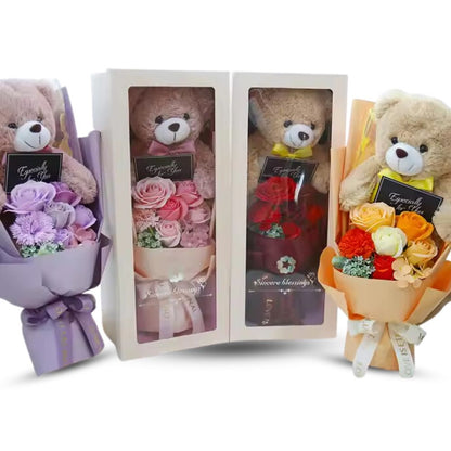 Valentine's Day Gift Set Teddy Bear with Soap Roses in Elegant Gift Box