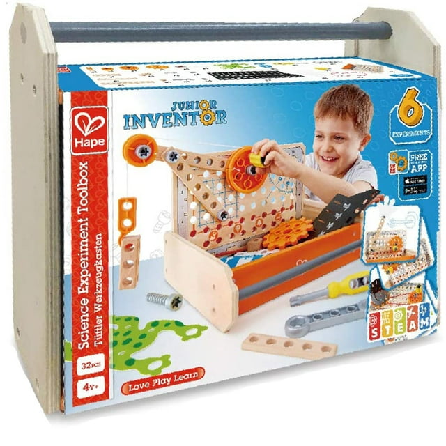 Hape Compact Junior Inventor 32-Piece Science Experiment Toolbox – Educational STEM Kit for Kids
