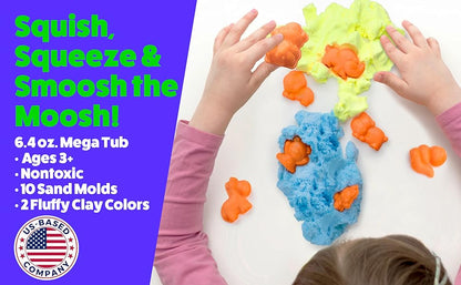 Moosh! Fluffy Modeling Clay – Soft Foam Non-Drying Clay with 10 Animal Molds (Blue/Yellow, 6.4oz)