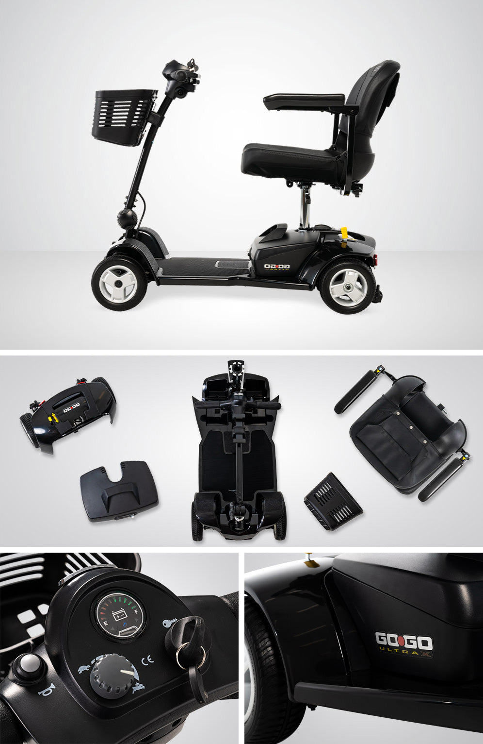 Go Go Ultra X 4-Wheel Scooter – One-Hand Disassembly, 300 lb Weight Capacity, and Convenient Drop-In Battery Box