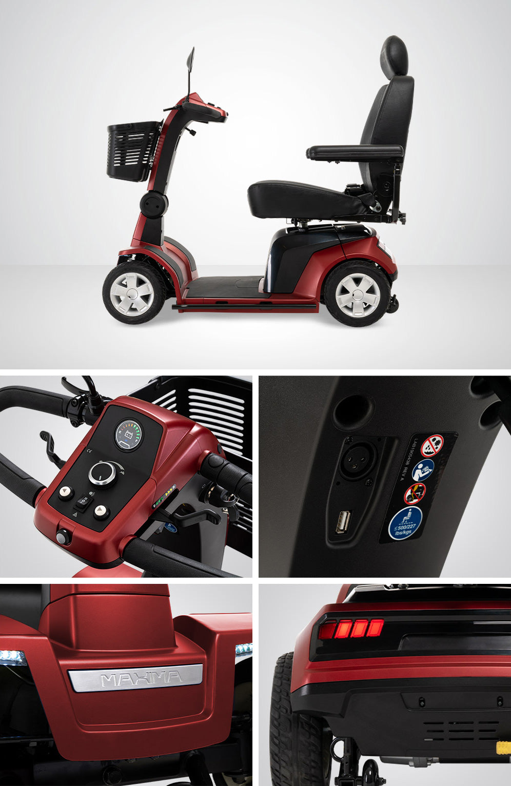 Maxima 4-Wheel Heavy-Duty Scooter – Infinite Position Tiller, High-Back Swivel Seat, Side Bumpers, USB Charger, Full LED Lighting