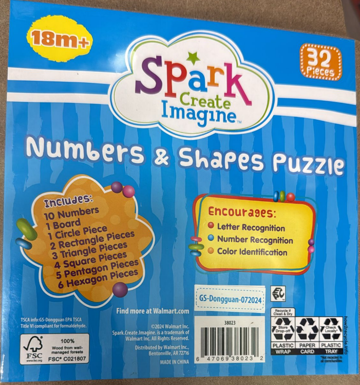 Spark Create Imagine Wooden Shape & Number Puzzle – Educational Toddler Toy for Ages 18 Months+
