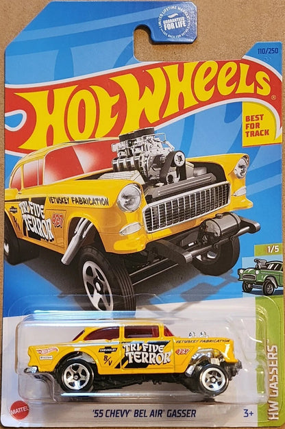 Hot Wheels ’55 Chevy Bel Air Gasser Yellow – HW Gassers 1/5 #110 1:64 Diecast