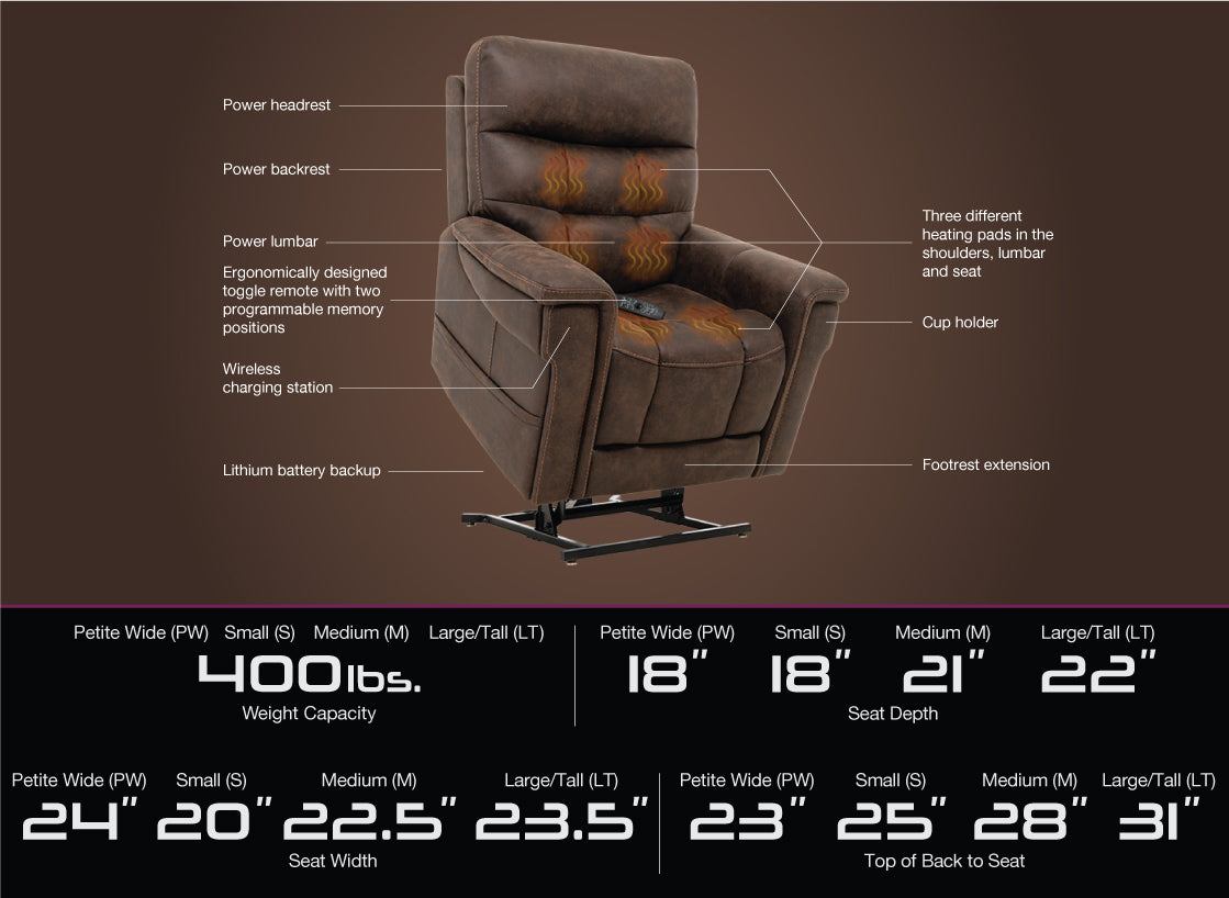 Pride Mobility VivaLift Radiance Lift Chair Petite Wide Power Recliner with 3 Heating Pads