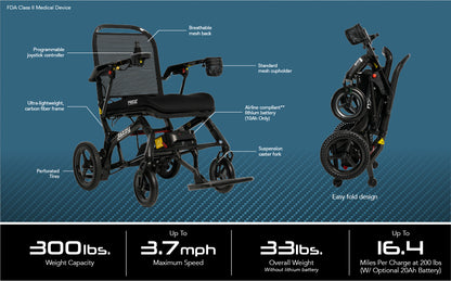 Jazzy Ultra Light Power Wheelchair – Carbon Fiber Frame, 33 lbs, Easy Fold - 10AH Lithium