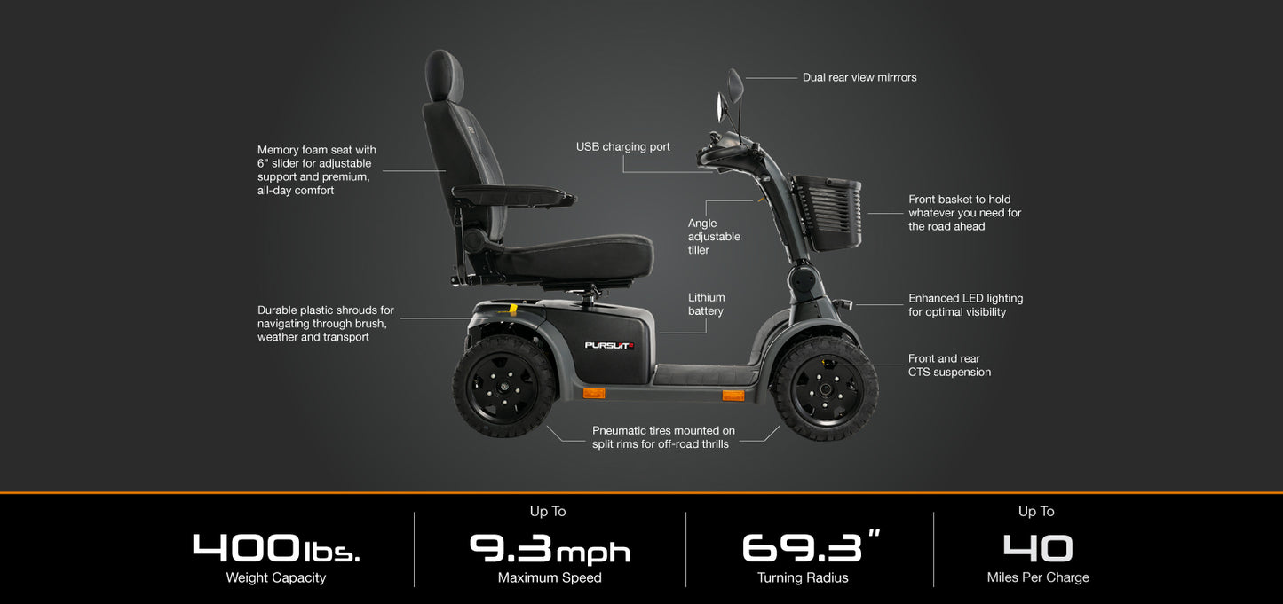 Pursuit 2 Outdoor Mobility Scooter – 9.3 MPH Speed, 40-Mile Range, Pneumatic Tires for Adventures on Any Terrain with 100AH Lithium